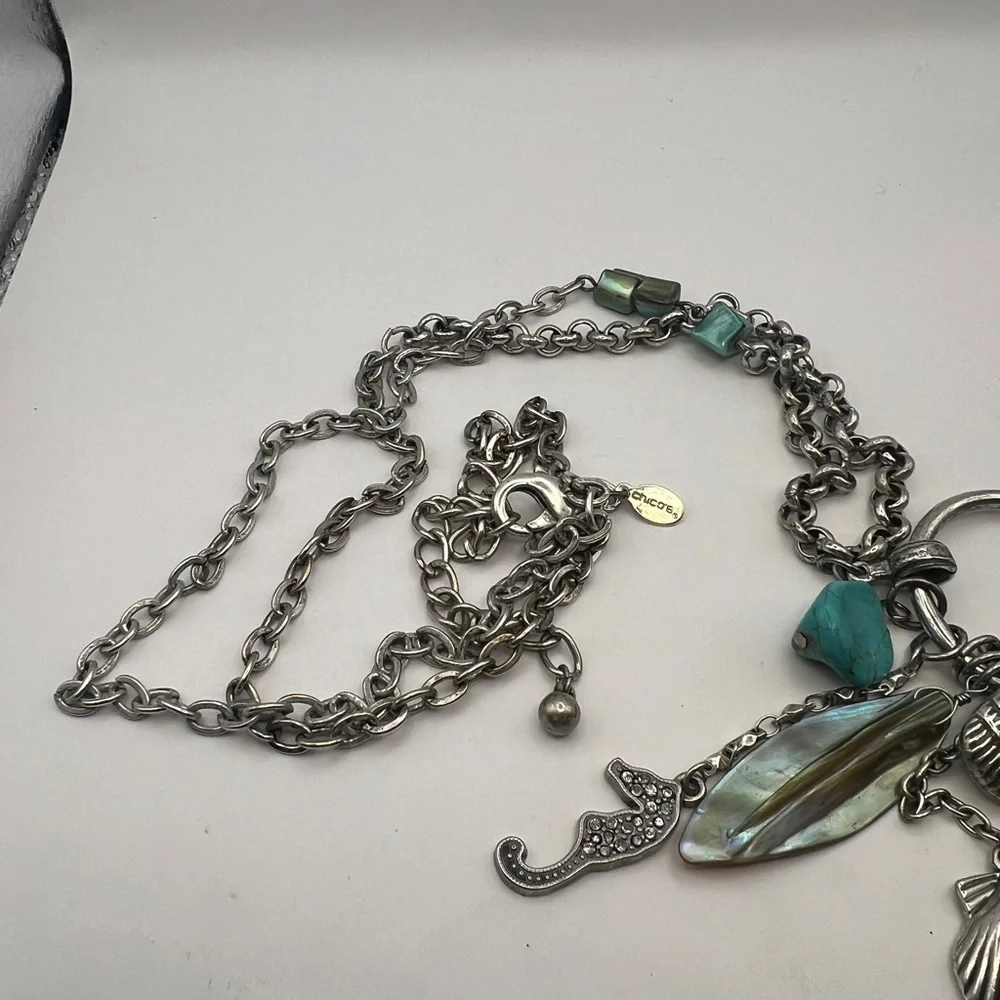 Chico's seahorse, jadeite, seashell long pendant silver tone necklace
